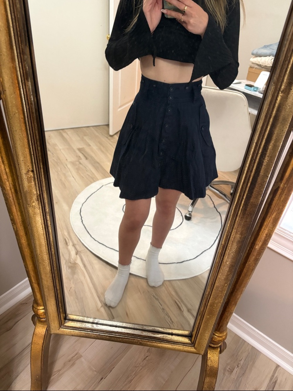 French Connection Navy Button-Front A-Line Mini Skirt
